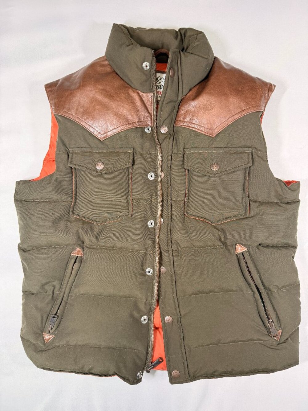 Penfield Trailwear Size S Olive Green Down Puffer Vest Leather Yoke